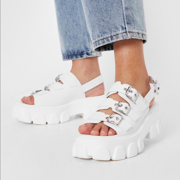 Nasty Gal Shoes - Faux Leather White Buckle Chunky Sandals